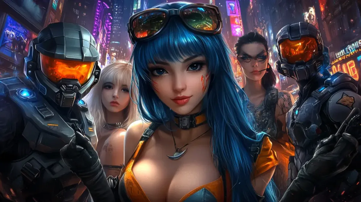 Futuristic gaming characters including a soldier in power armor and an anime style girl in a neon city