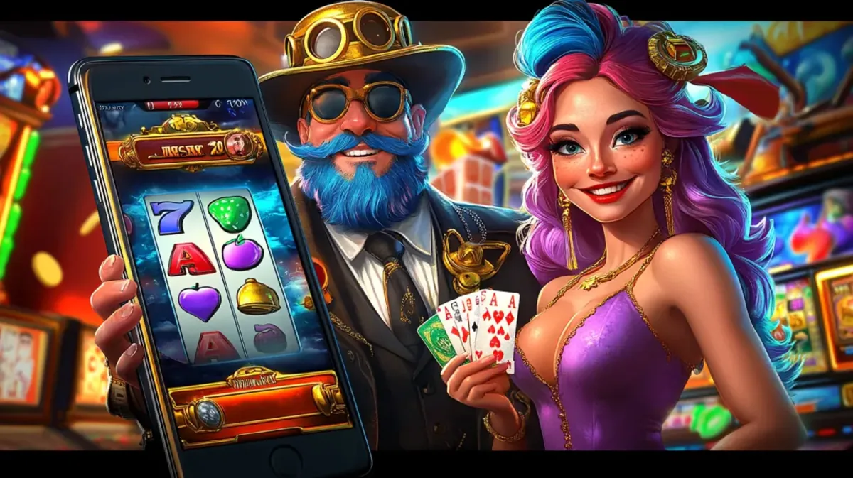 A stylish man with a blue beard and a woman with pink hair holding a smartphone displaying slot games